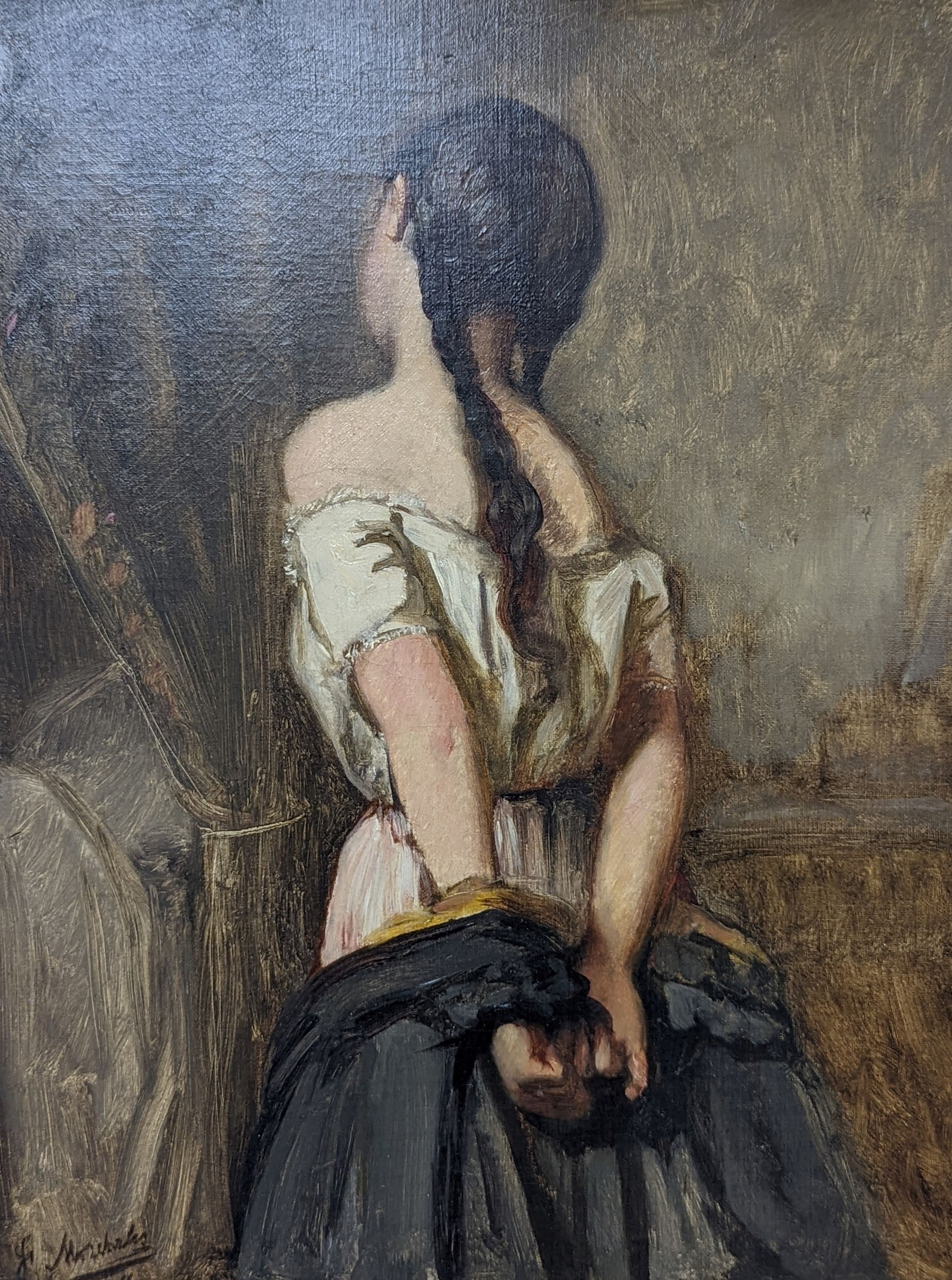 J.F. Marchales (19th C. French), oil on canvas, Study of a woman undressing, signed and dated 1866, 45 x 34cm